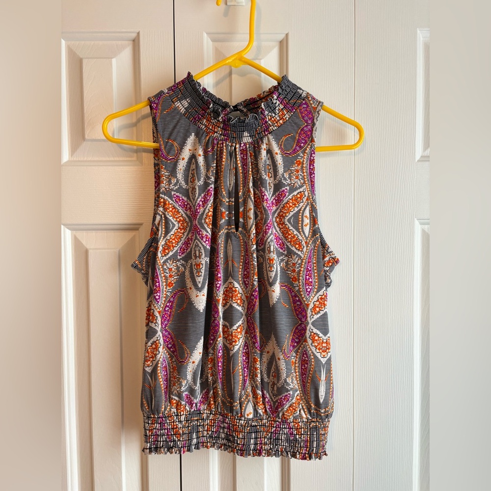 Veronica M Pink and Orange Smocked Blouse with Mandarin Collar